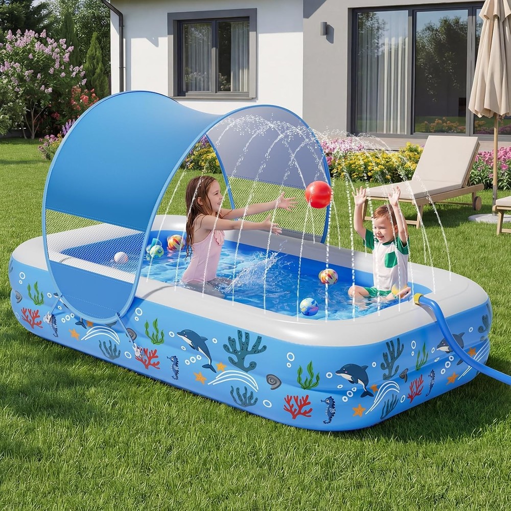 Inflatable Kiddie Pool Sprinkler Splash Pool Soft Bottom Baby Toddler Blue