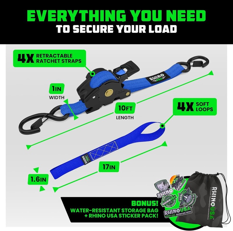 Retractable Ratchet Straps (4-Pack) - 1 Inch x 10 Feet (1,209lb Break Strength) gallery