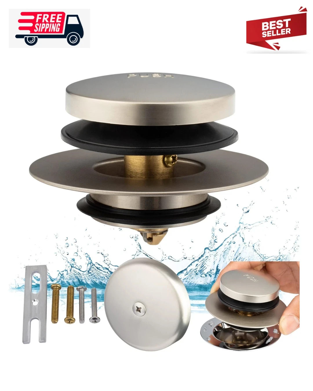 Brushed Nickel Tub Drain Conversion Kit - EZ Install Pop-Up Stopper & Overflow gallery