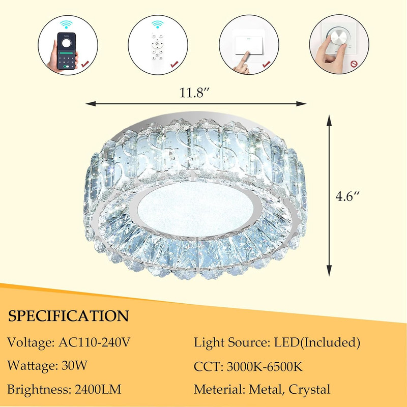 Dimmable 12" Crystal LED Chandelier Flush Mount Light for Bedroom & Hallway gallery