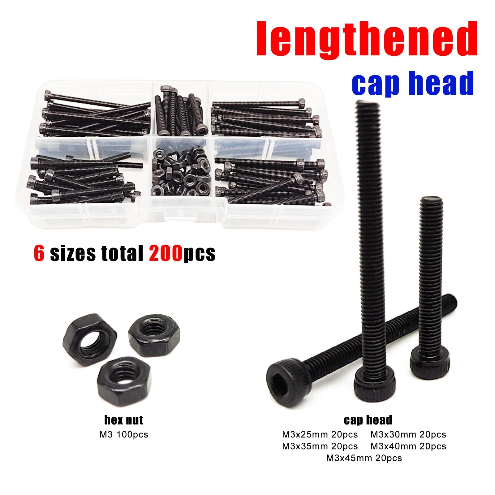 200 Pcs Long M3 Allen Hex Socket Head Screws Nuts Assortment Kit Black Alloy gallery