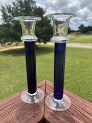 Cobalt Blue Pillar Glass Candlesticks 10 Inch Crate and Barrel #1642 Set Of 2