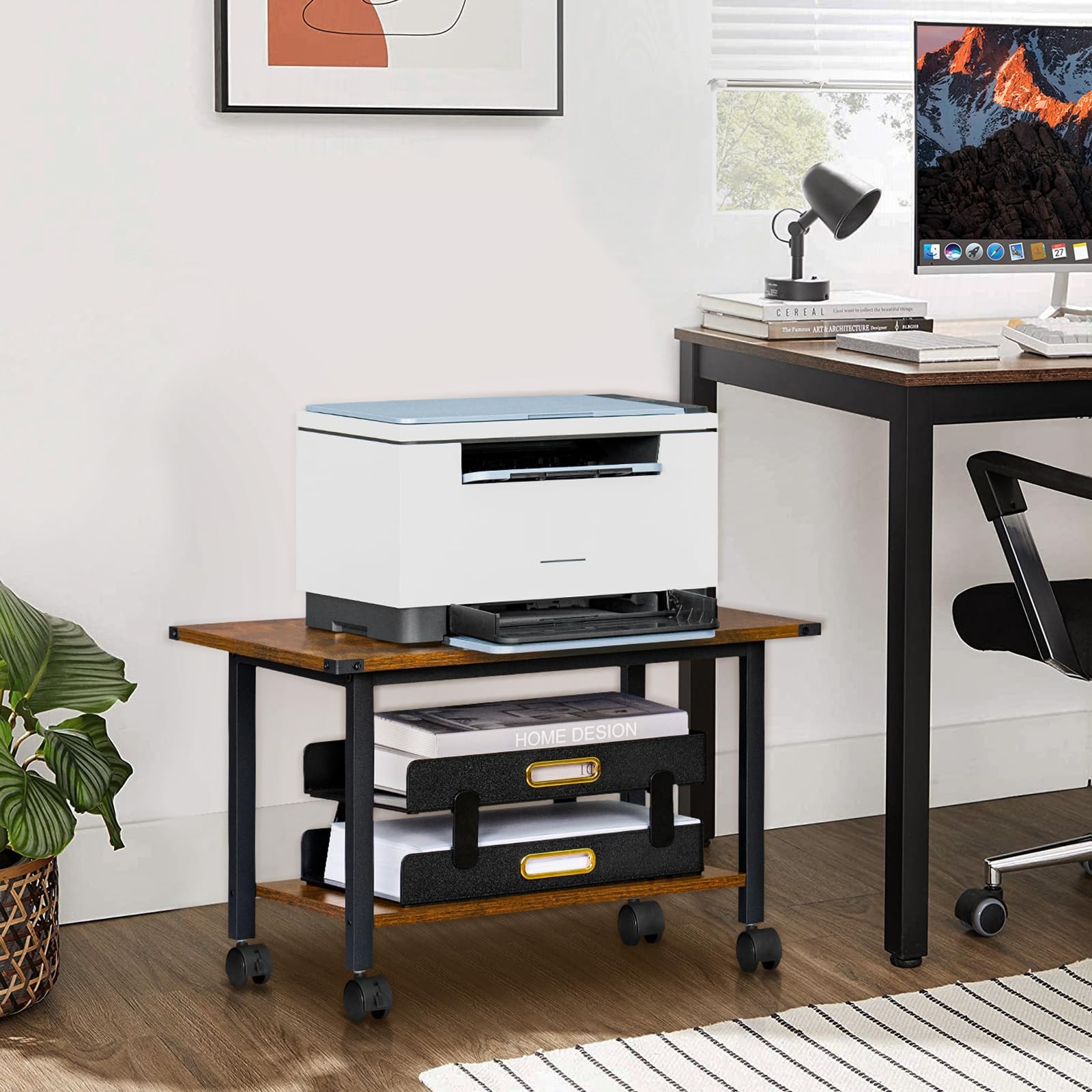 2Tier Industrial Under Desk Mobile Printer Stand Rolling Cart Rustic Brown gallery