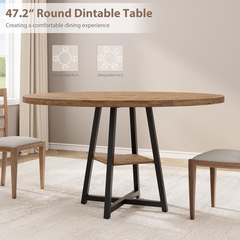 47 In Round Dining Table for 4-6, Space-Saving Industrial Furniture w/ Storage gallery