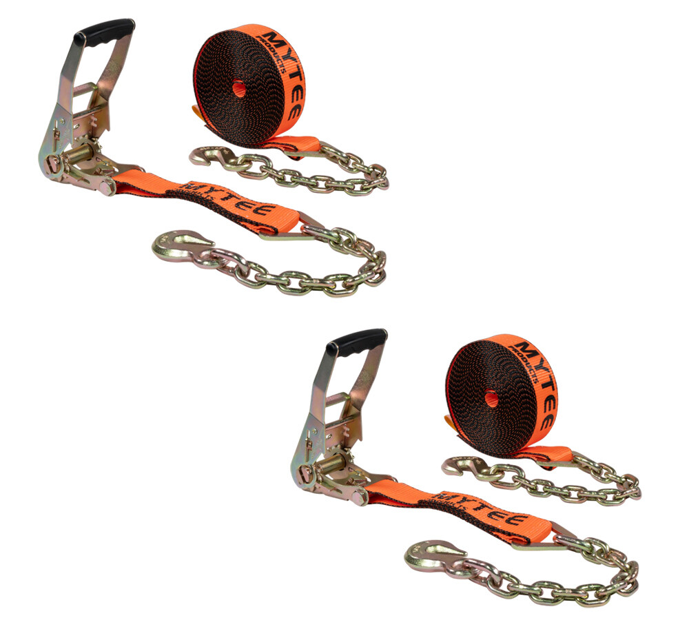 2Pk 2"x30' Orange Ratchet Strap w/ Chain Anchor 4000 # WLL Hi Abrasion Tie Down gallery