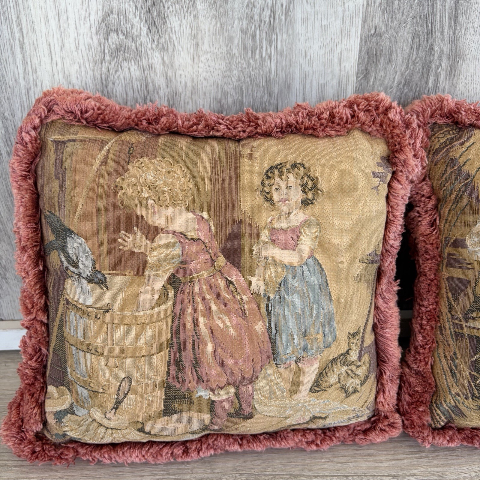 Country Cottage Throw Pillow Tapestry Decorative Fringe Pink Children Farm 8” gallery
