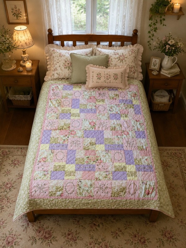 Vintage Cottagecore Floral Patchwork Quilt 92x82 Full Queen Embroidered Pink gallery
