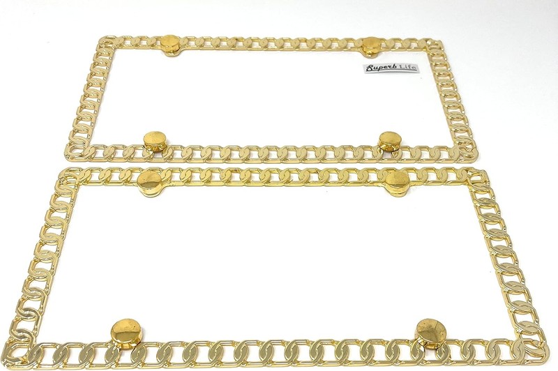 Mega-Metal Round Chain Link Design License Plate Frame with Screws Caps, Set of gallery