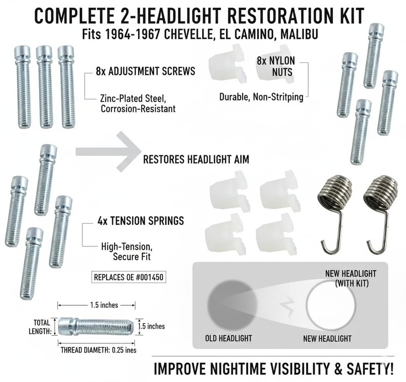 Headlight Adjuster Screw & Nut Kit Compatible with 1964-1967 Chevrolet Chevelle/ gallery