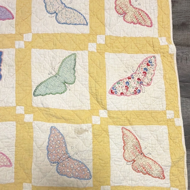 Patchwork Quilt Yellow & White w/ Multicolor Butterfly Squares Coverlet 63” x 73 gallery