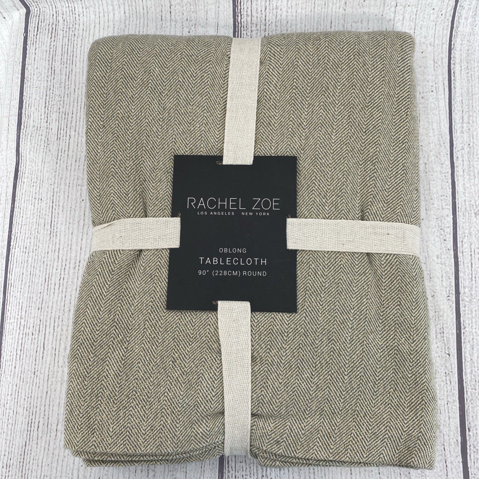 Rachel Zoe Tablecloth 90" ROUND Beige Brown Gold Textured Chevron Herringbone gallery