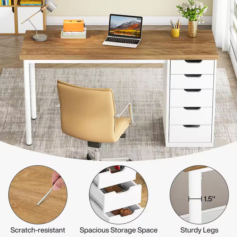 Havrvin 47 In. Rectangular Light Brown and White 5-Drawer Computer Desk for Home gallery
