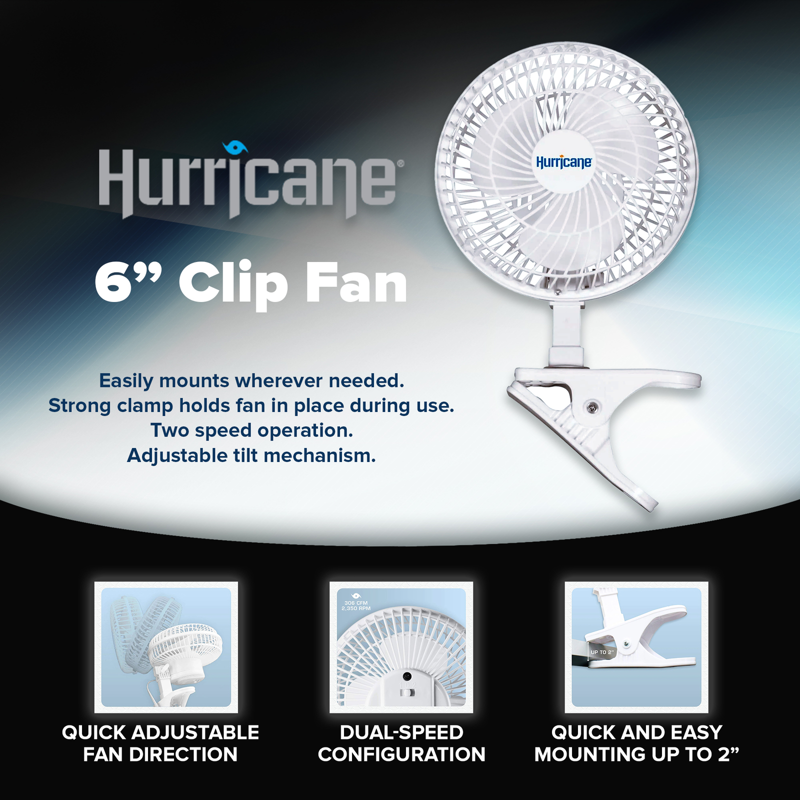 Hurricane 6" Clip Fan, 2 Speed Desk Table Fan w/Adjustable Tilt,White(Used) gallery