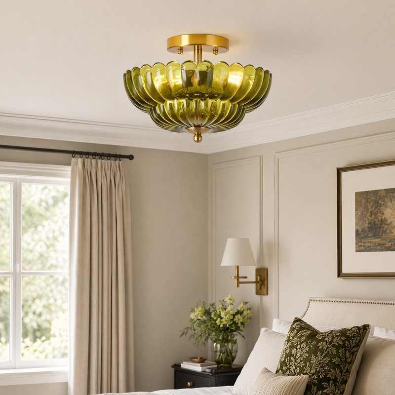 12" Semi Flush Mount Ceiling Light Green Flower Glass Fixture Entryway Kitchen gallery