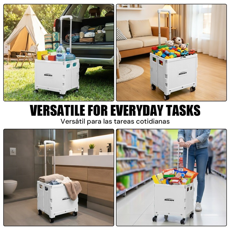 Foldable Rolling Crate with Lid & Telescopic Handle Portable Utility Cart Multi gallery