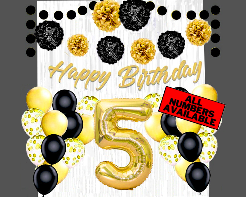 Gold & Black 5th Birthday Decorations - 40" Number Balloons & More - Boy or Girl gallery
