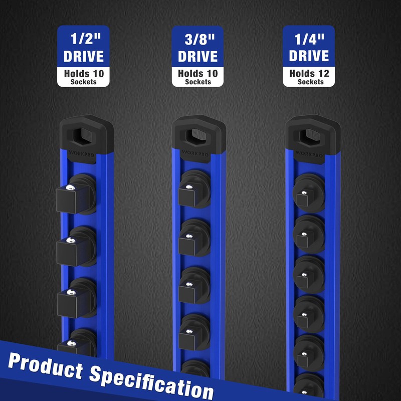 WORKPRO Magnetic Socket Organizer Set, 3-Piece Aluminum Alloy Socket Rail Blue gallery