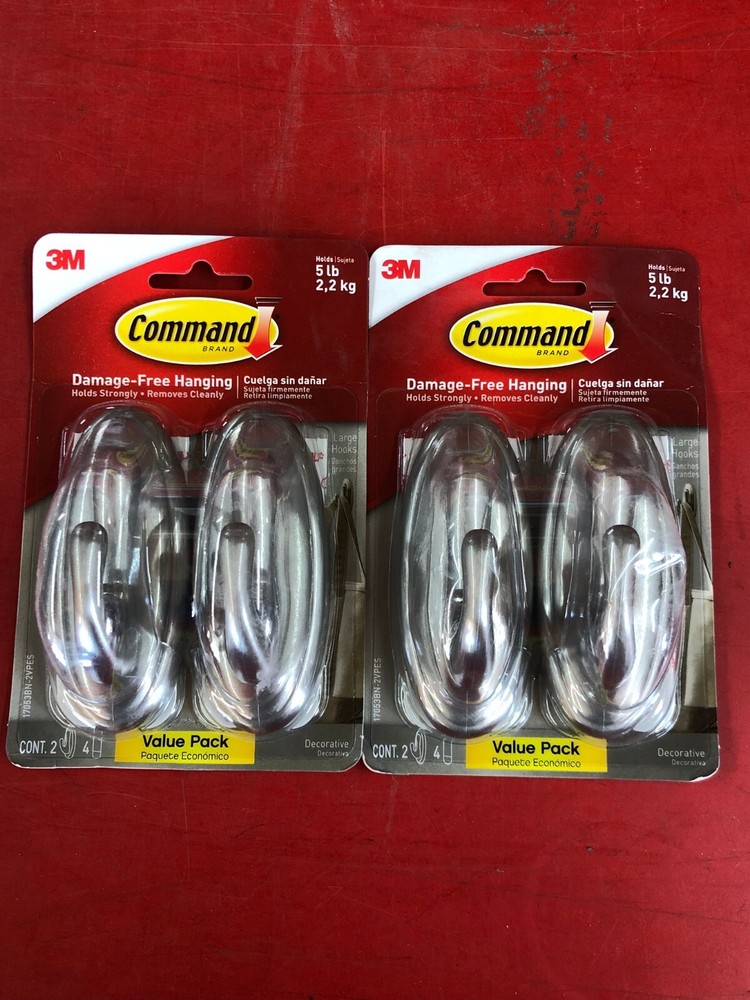 (4) PACK 3M 17053BN COMMAND DESIGNER LARGE HOOK HOLDS 5 lb. DECORATIVE SILVER