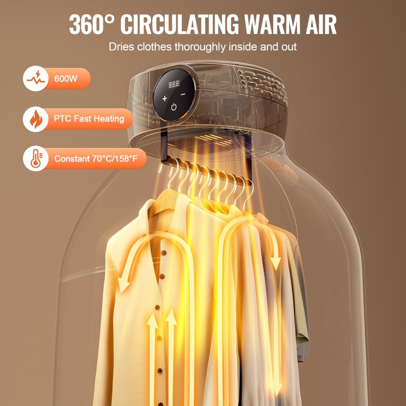 VEVOR Portable Clothes Dryer PTC Heating & LED Display Dryer Bag 5-H Timer 600W gallery