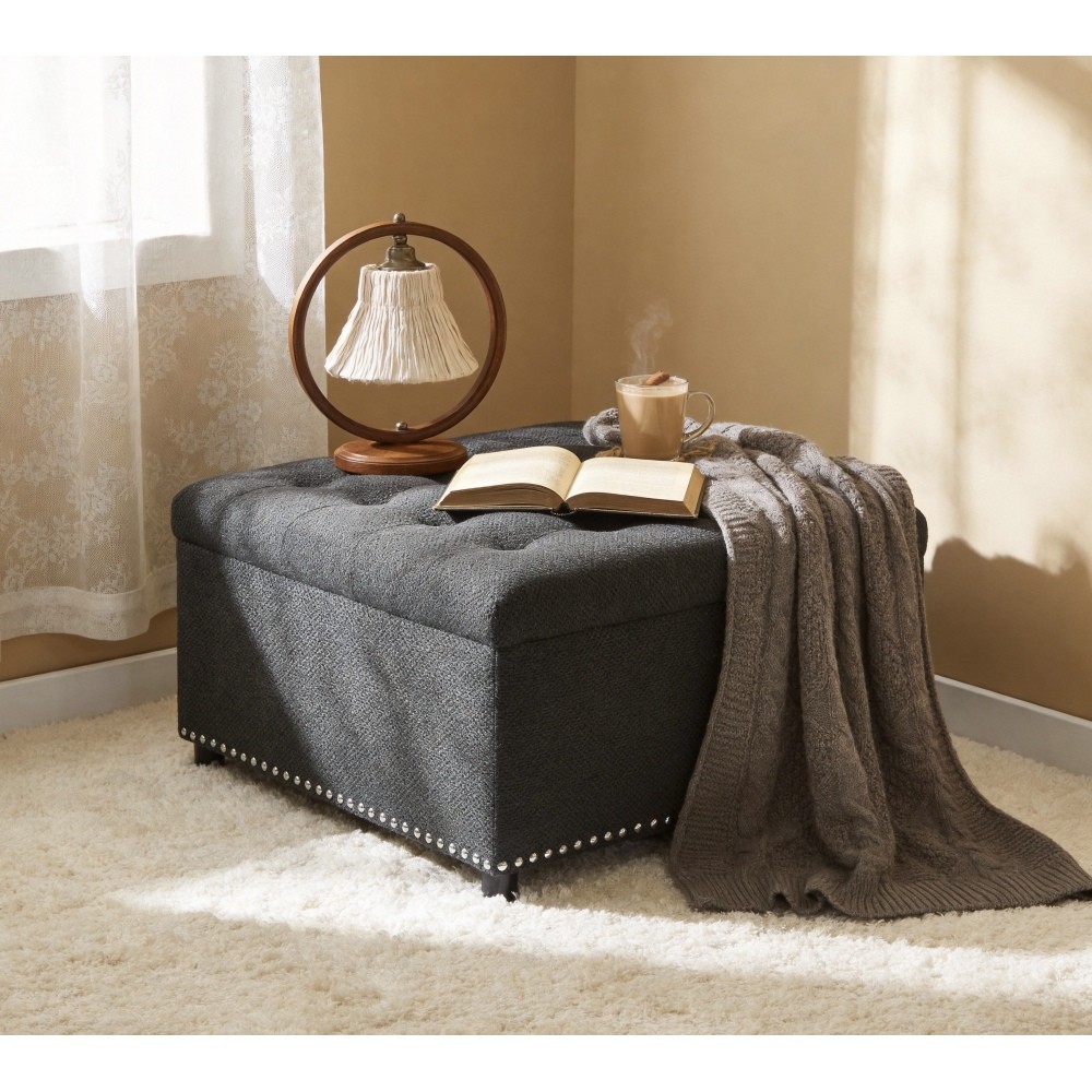 Storage Ottoman, Tufted Footstool, Nailhead Trim Ottoman, Square Storage Ottoman gallery