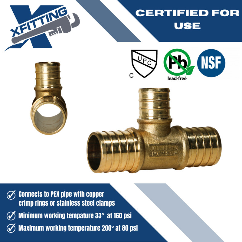 10 PIECES 1" X 1" X 3/4" PEX REDUCING TEE BRASS CRIMP FITTINGS LEAD FREE gallery
