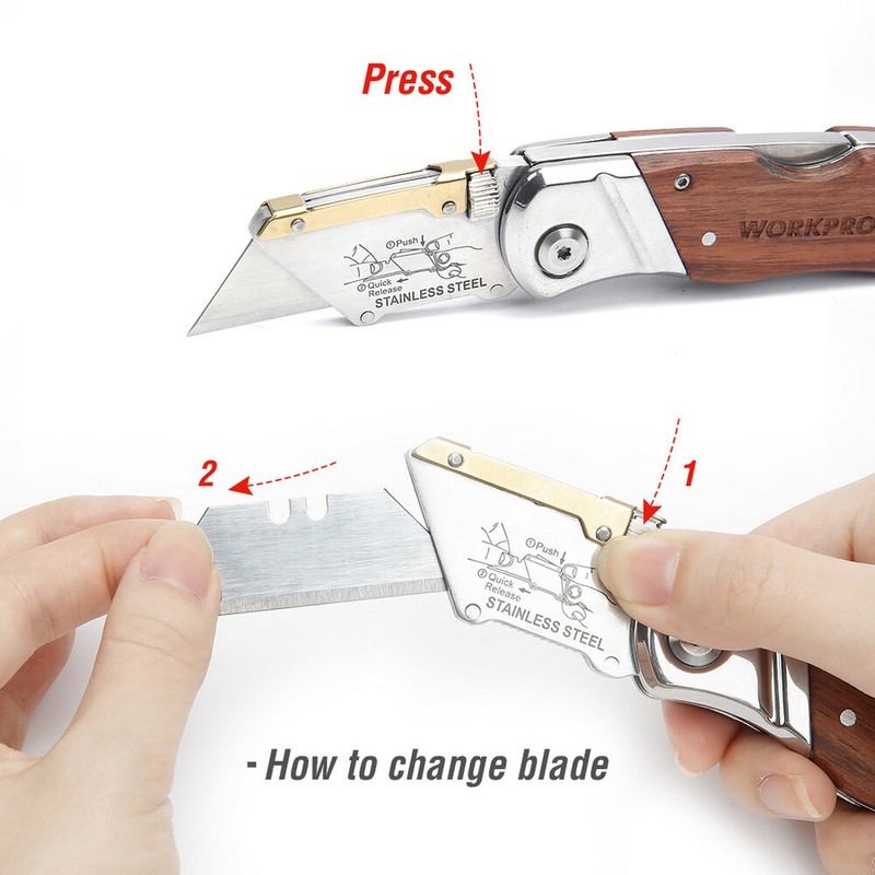WORKPRO Folding Utility Knife Wood Handle Heavy Duty Cutter W/Extra 10PCS Blades gallery