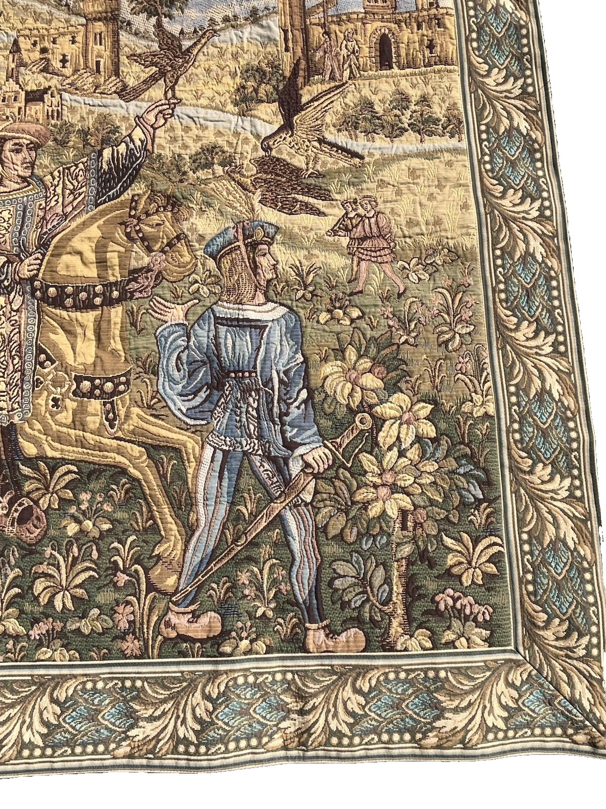 Large Woven Tapestry Wall Hanging Falcon Hunt Scene Horses Dogs Birds 84x62 gallery