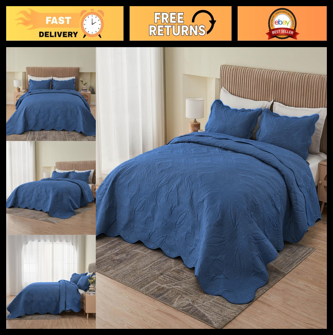 Oversized King Bedspread 128x120 - Extra Wide Cal King Coverlet Set, Navy, 3 Pie gallery