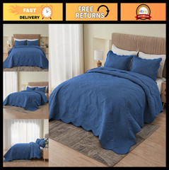 Oversized King Bedspread 128×120 – Extra Wide Cal King Coverlet Set, Navy, 3 Pie