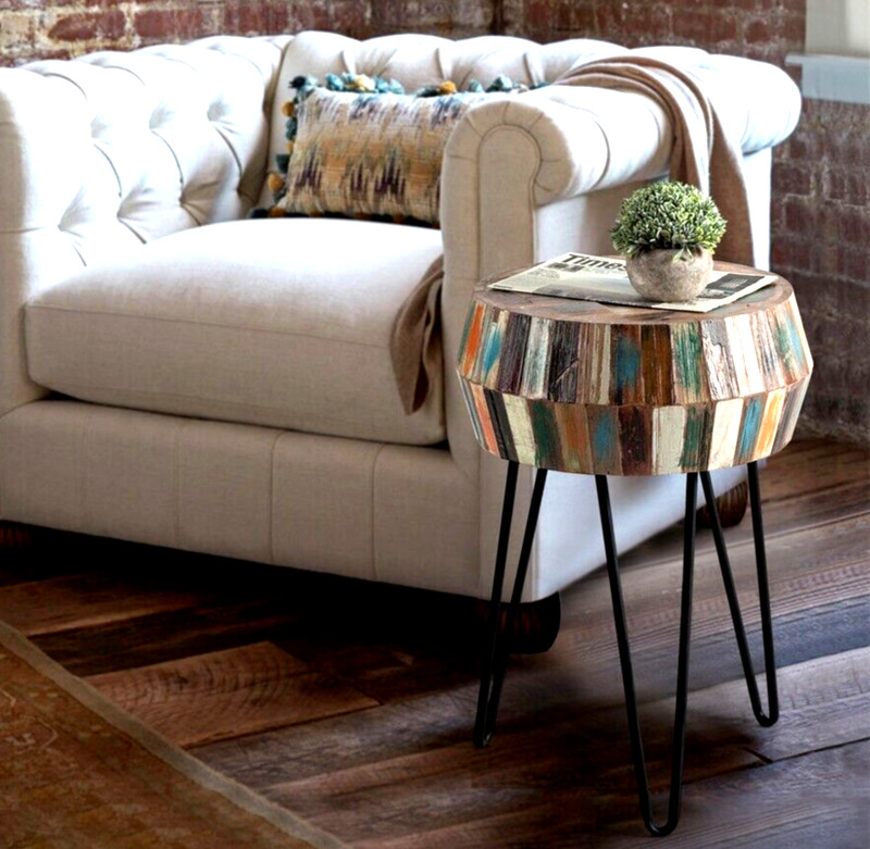 Greenage Side End Table Solid Reclaimed Wood Nightstand Round 3D Round 22" H gallery