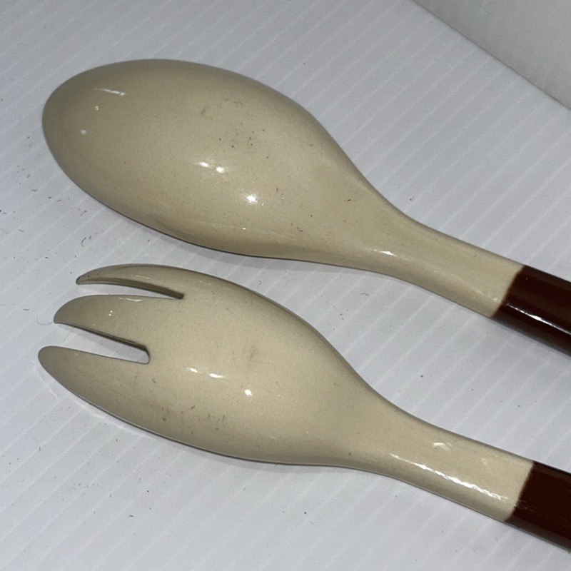 Russel Wright Fork and Spoon Salad Set Woodfield Brown Handle gallery