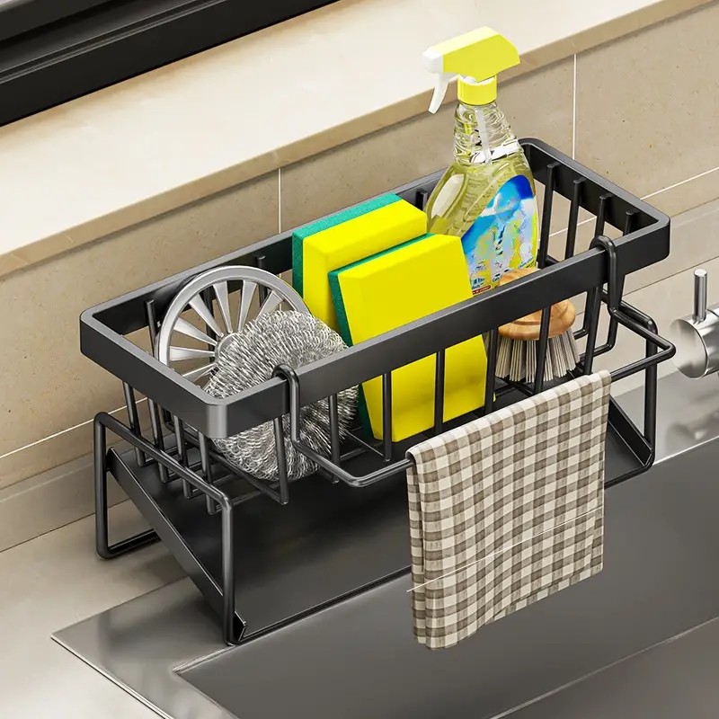 Black Aluminum Kitchen Sink Sponge Organizer Rack with Towel Holder Rust Free gallery