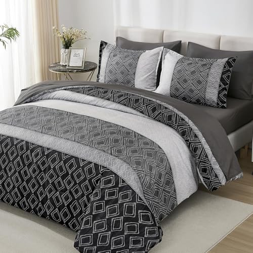 Black/Gray Size Comforter Set, Lightweight Boho Bed in a King Black and Gray