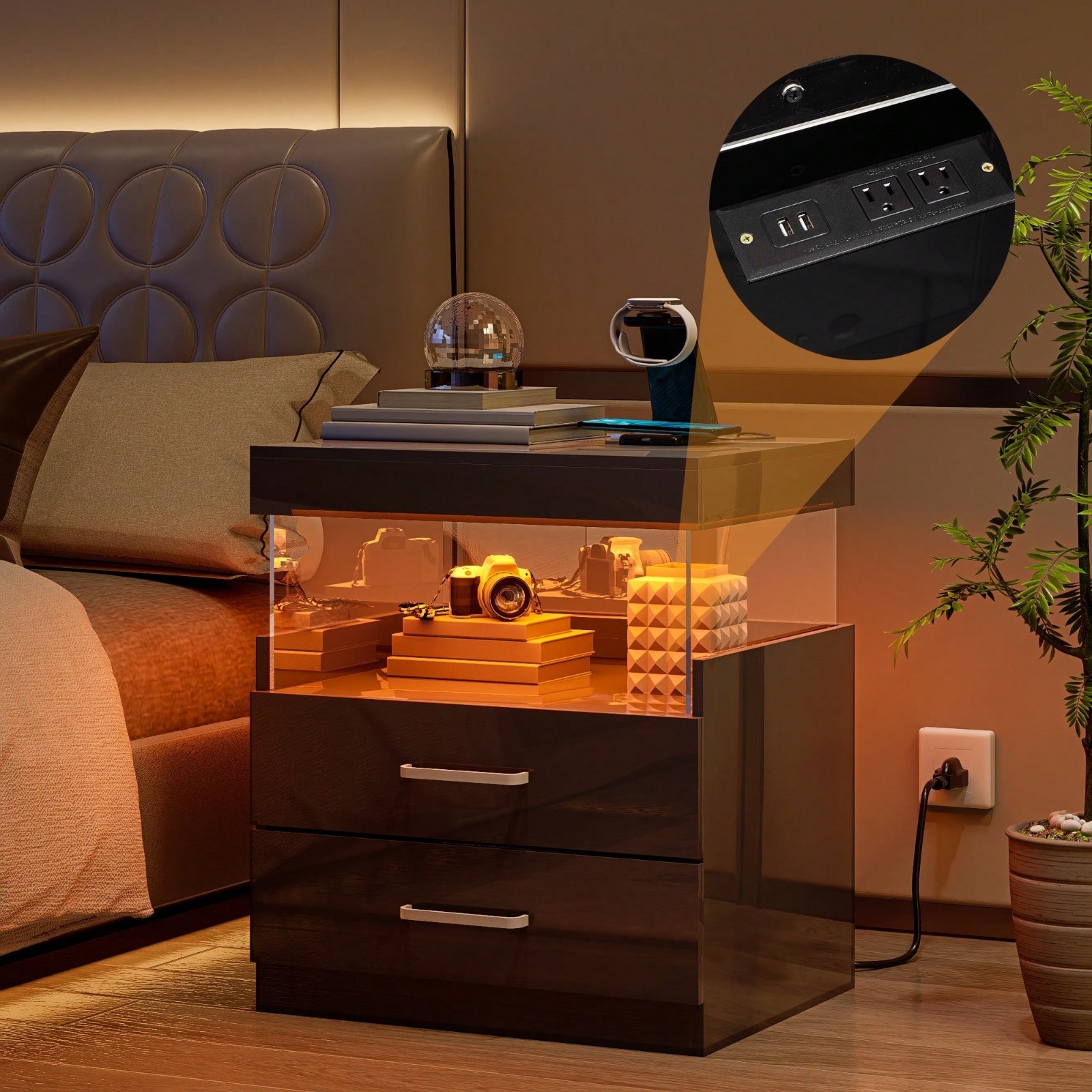 High Gloss LED Nightstand With Built In Charging Station Storage Drawers Floatin gallery