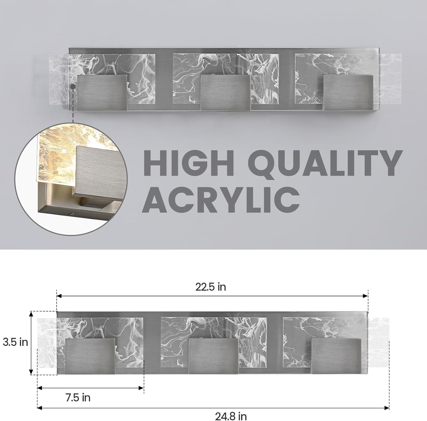 LED Bathroom Vanity Light: 24 Inch Brushed Nickel 3-Lights 3000K 8099WL--03-US gallery