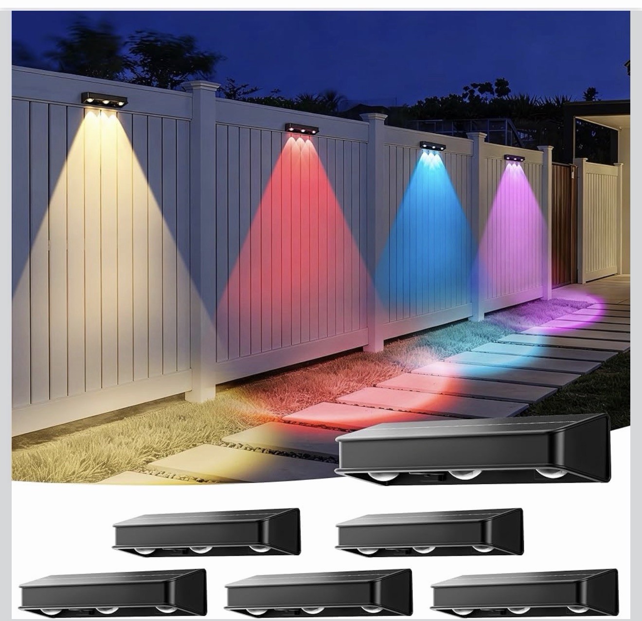 Solar Fence Lights 100 LM Color Changing Outdoor Solar Powered 1200mah 6pack gallery