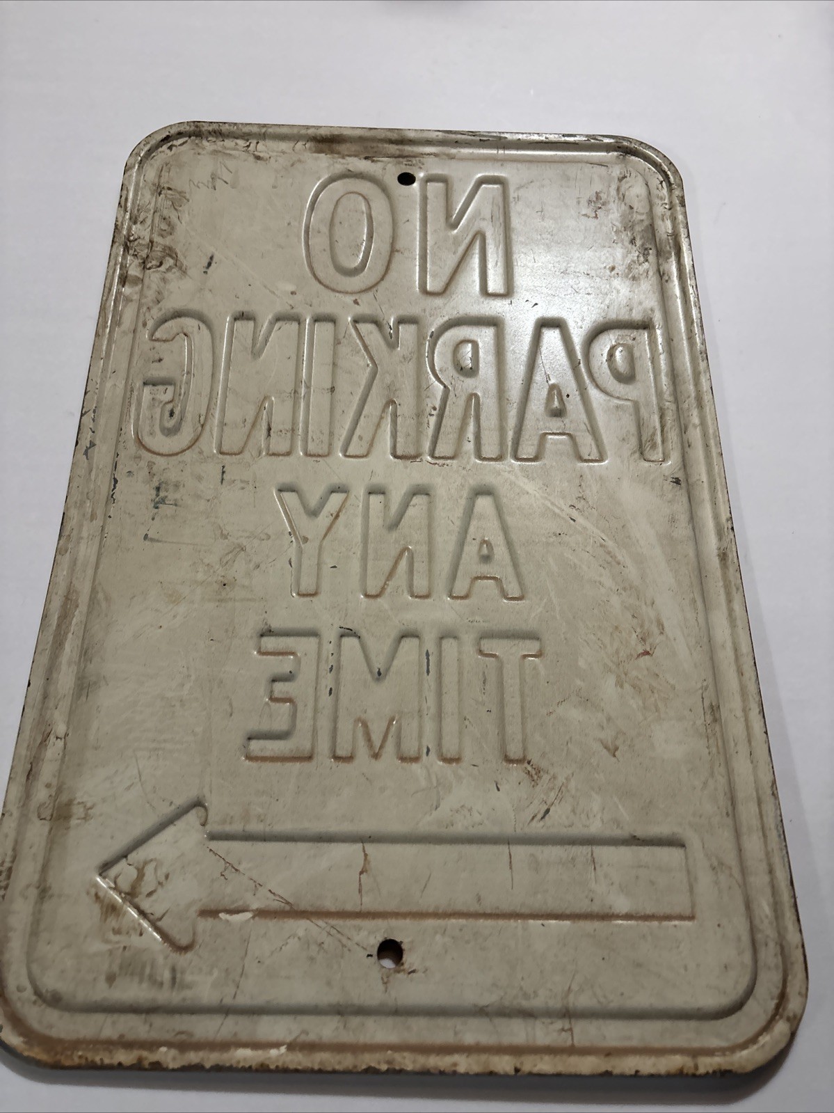 Vintage Embossed Heavy Metal NO PARKING ANY TIME Arrow Sign 12" X 18" gallery