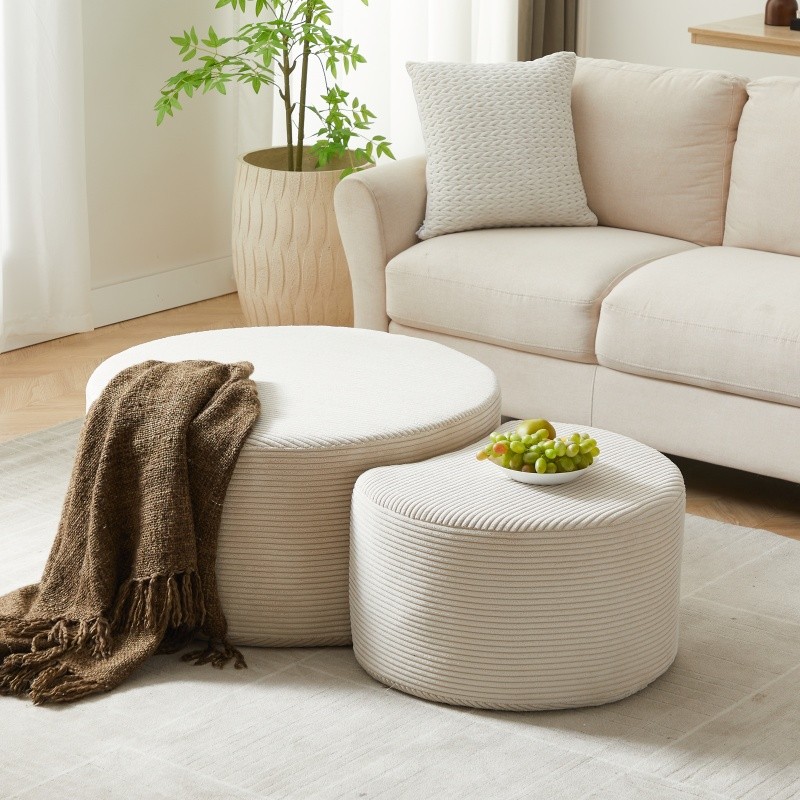 Upholstered Nesting Coffee Table Set of 2 Round Corduroy Foam,No Assembly Beige gallery