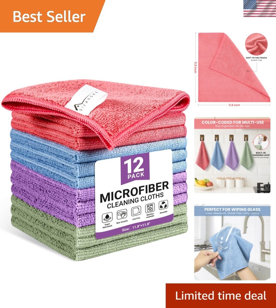 Microfiber Cleaning Cloth, 12 Pack Assorted Color Cleaning Rags for Housekeep...