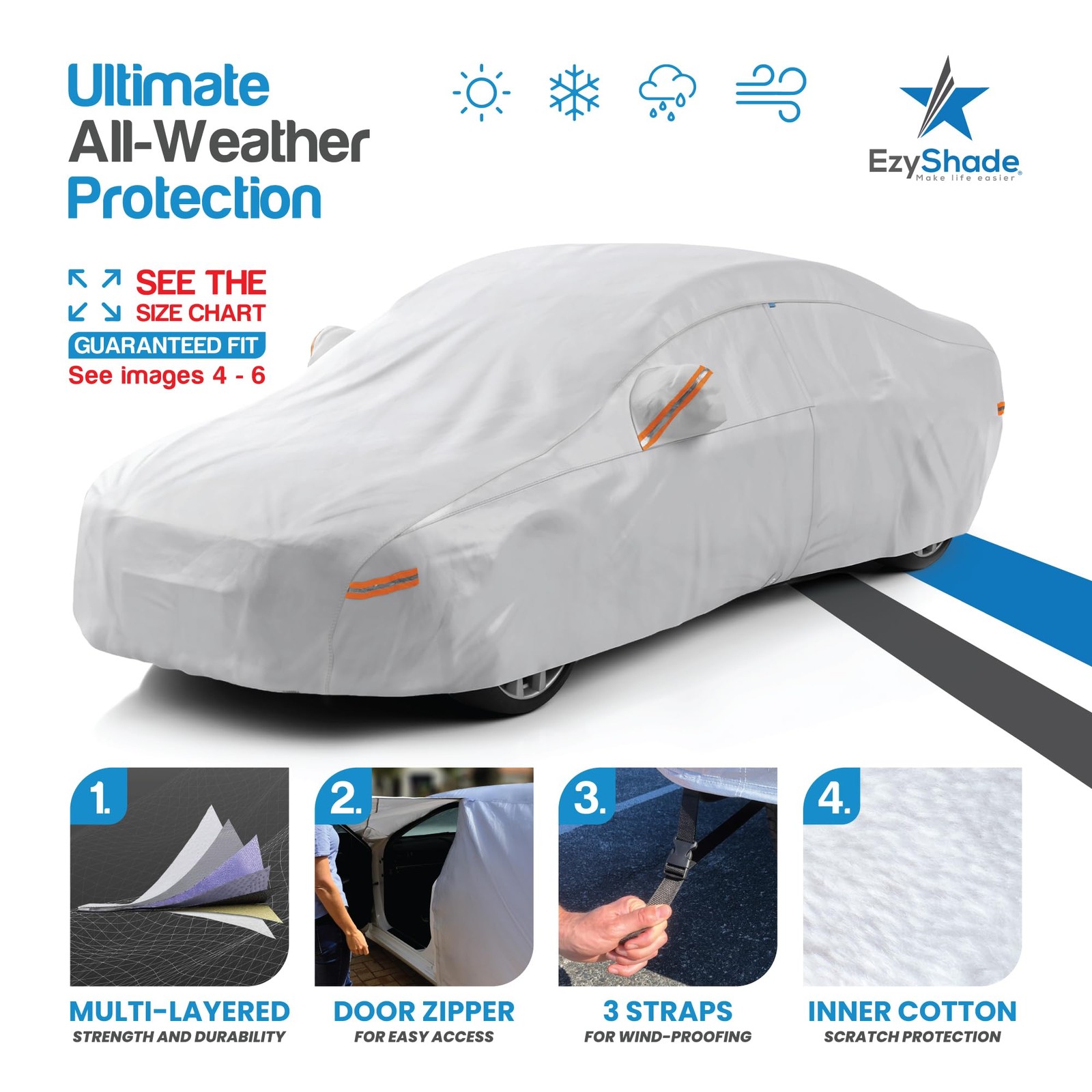 10 Layer Car Cover Waterproof All Weather A4 - see Vehicle Size Chart Reflective gallery
