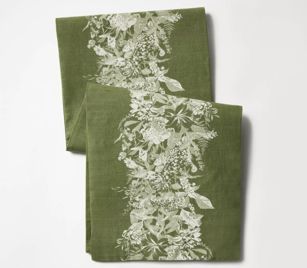 2- pack Threshold 72" x 14" Cotton Floral Table Runner Olive Green- New