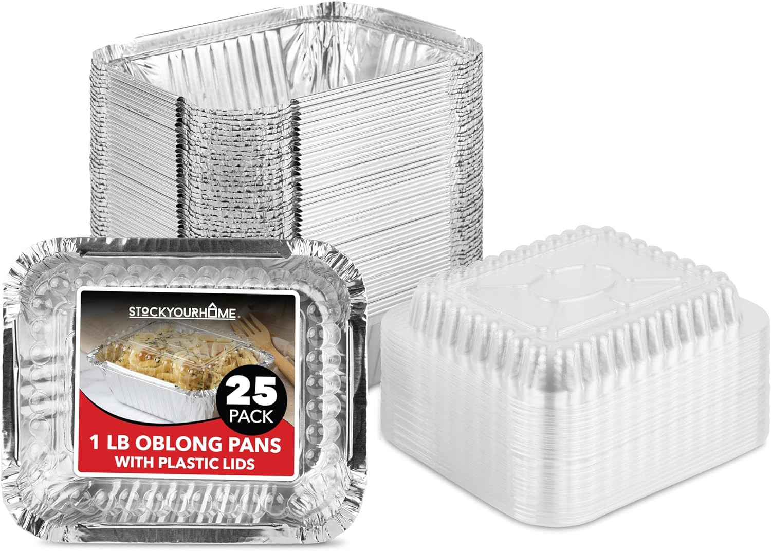 1 Lb Small Aluminum Pans with Lids (25 Pack), Foil Pans with Clear Plastic Lids, gallery