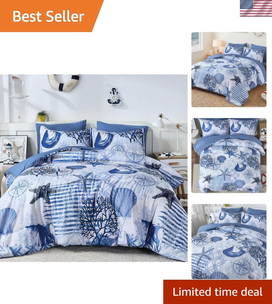 Coastal Comforter Set Queen Size, Beach Coral Themed Bed in a Bag, 7 Pieces O...