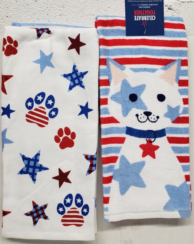 2 DIFFERENT PRINTED TERRY TOWELS (15"x26") PATRIOTIC, USA STAR SPOTTED CAT, KO gallery