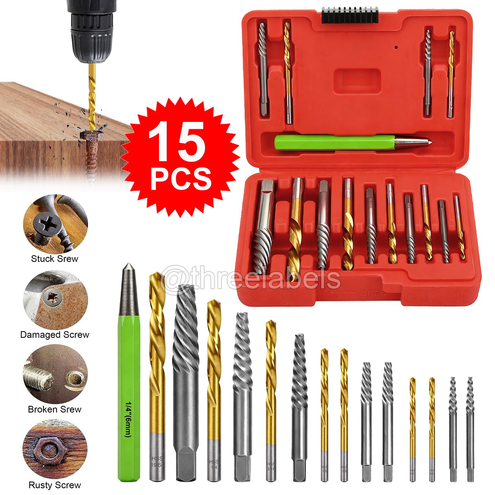 15PCS Screws Bolt Extractor with Reverse Drill Bit Ez Out Stripped Screw Nut Set gallery