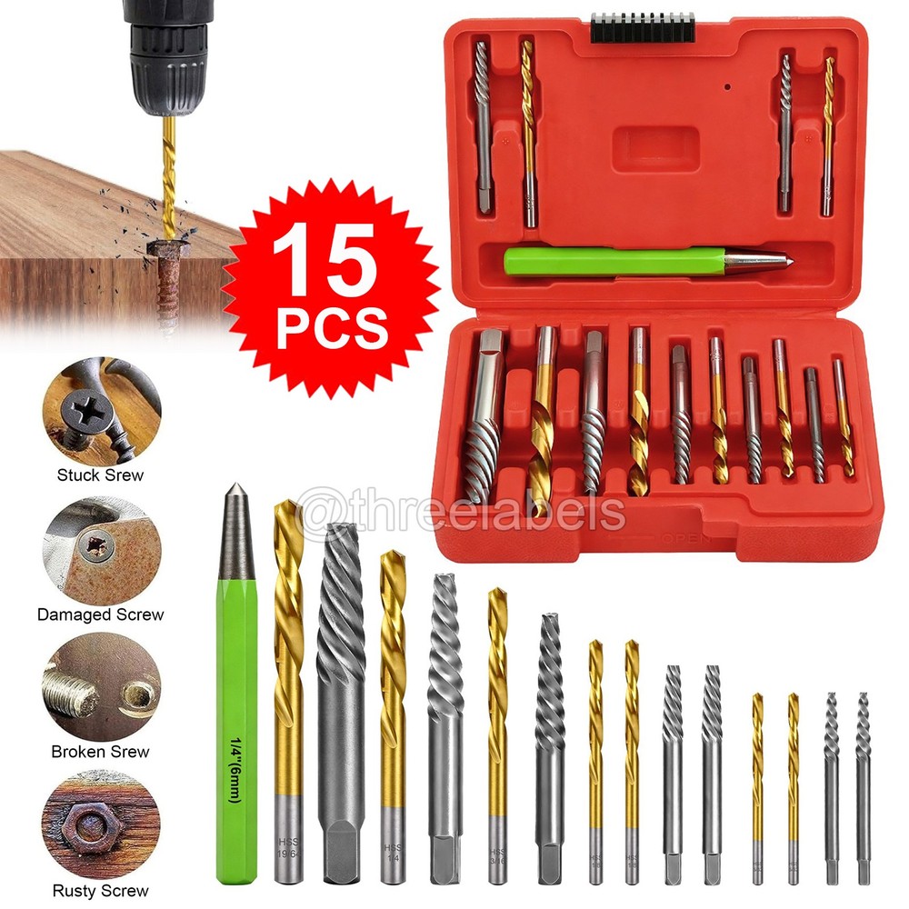 15PCS Screws Bolt Extractor with Reverse Drill Bit Ez Out Stripped Screw Nut Set