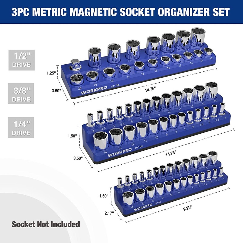 WORKPRO 3PCS/6PCS Magnetic Socket Organizer Holder Set 1/4" 3/8" 1/2" SAE/METRIC gallery