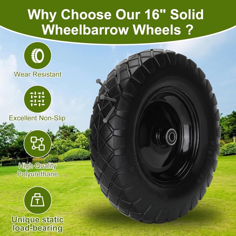 Durable 16" Solid Wheelbarrow Tires - 5/8" & 3/4" Bearings gallery