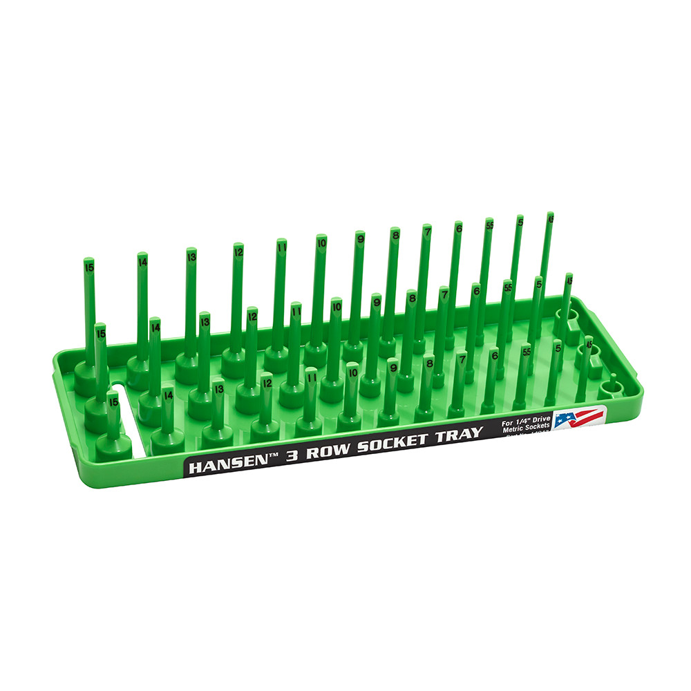 Hansen 1/4" Socket Tray Organizer Holder Set 3 Row Metric SAE Shallow Deep Green gallery