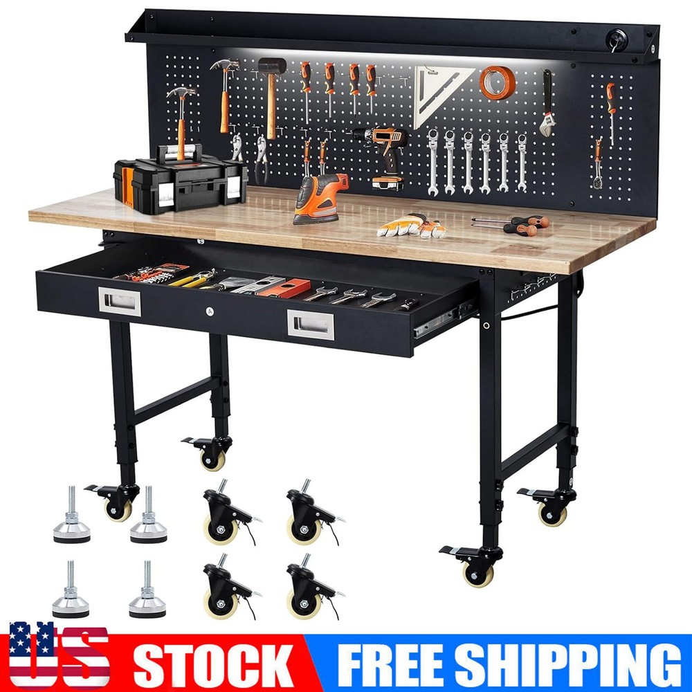 60'' Adjustable Workbench with Power Outlet, Wheels, Drawers, Pegboard